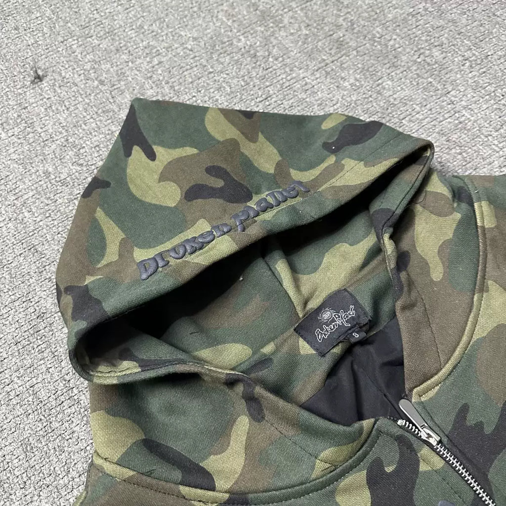 Broken Planet Cracked Saturn Camo Cropped Zip‑Up Hoodie