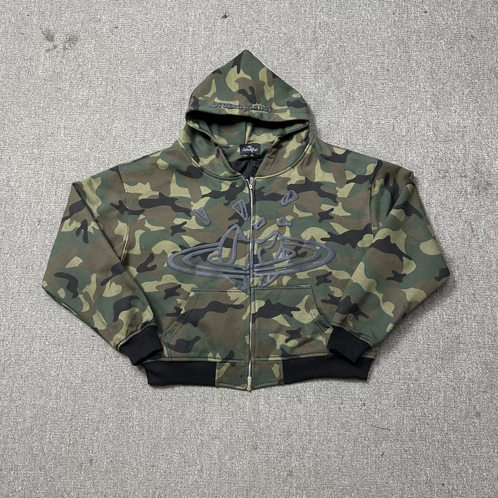 Broken Planet Cracked Saturn Camo Cropped Zip‑Up Hoodie