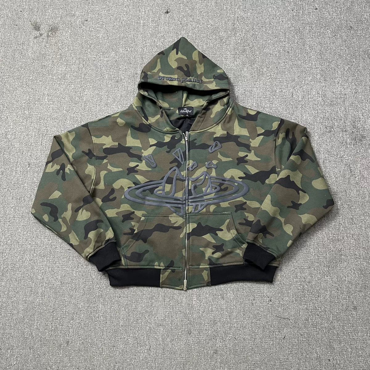 Broken Planet Cracked Saturn Camo Cropped Zip‑Up Hoodie