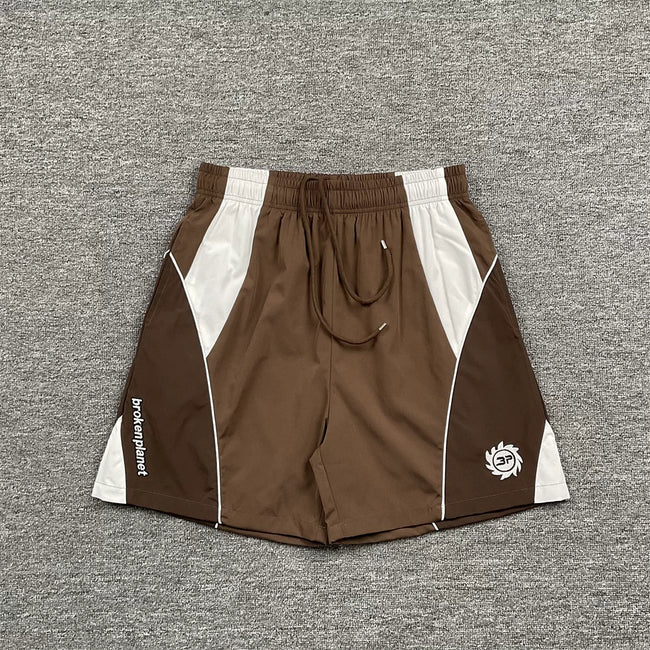 Broken Planet Brown White Color‑Block Nylon Shorts Main Image
