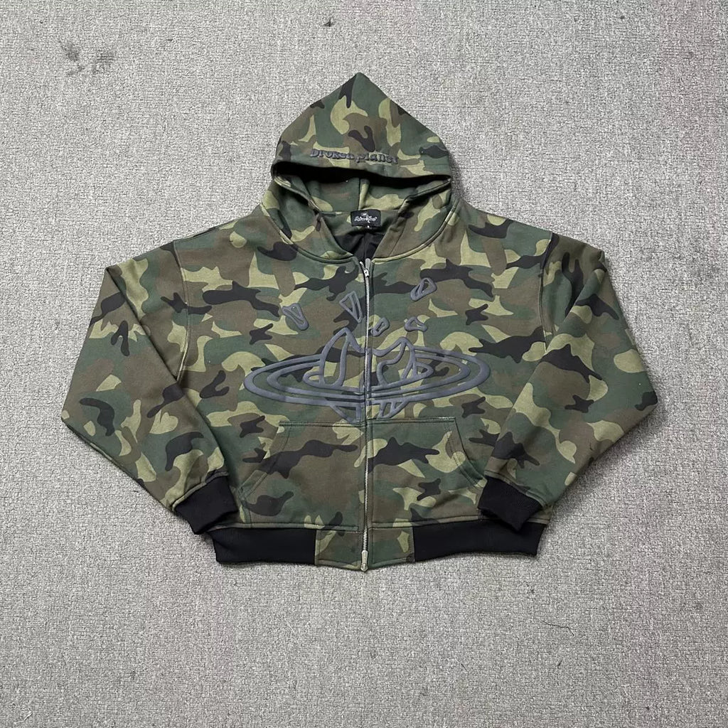 Broken Planet Cracked Saturn Camo Cropped Zip‑Up Hoodie