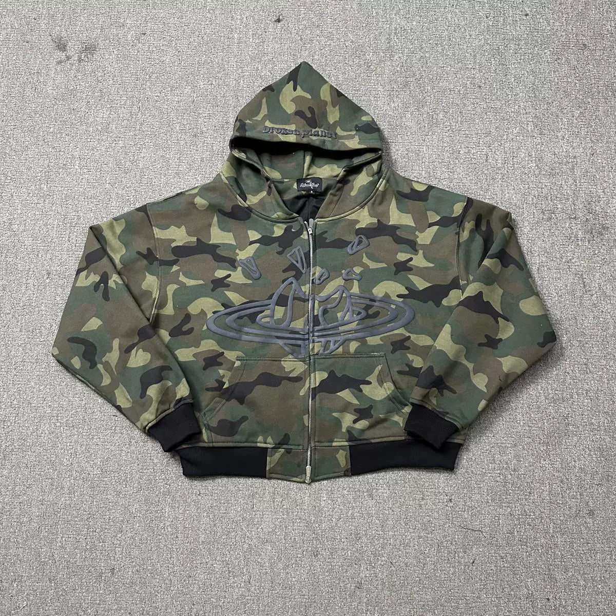Broken Planet Cracked Saturn Camo Cropped Zip‑Up Hoodie