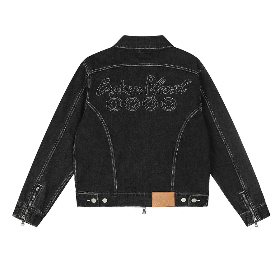 Broken Planet Contrast Stitch Embroidered Black Denim Jacket
