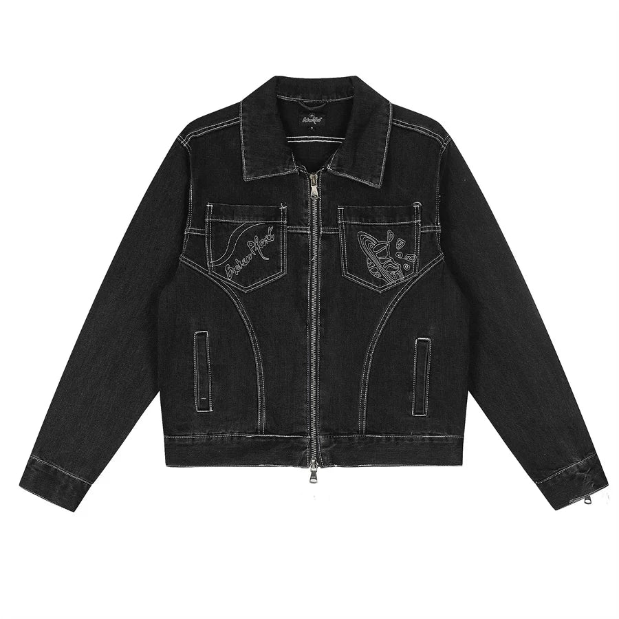 Broken Planet Contrast Stitch Embroidered Black Denim Jacket